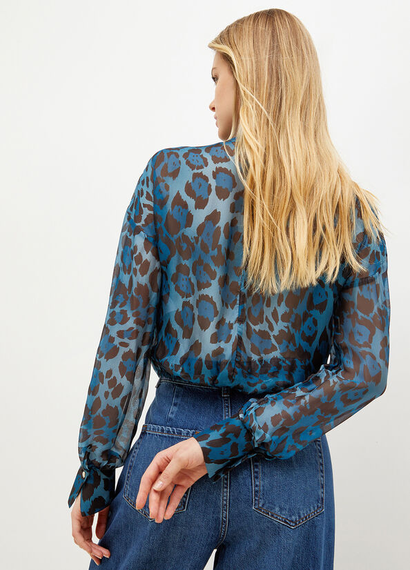 Liu Jo Animal-Print Chiffon Blouse Overhemd Dames Blauw | GOL-905178