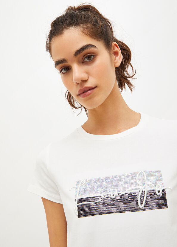 Liu Jo Eco-Friendly Sequined T-shirts Dames Wit | EMQ-253184