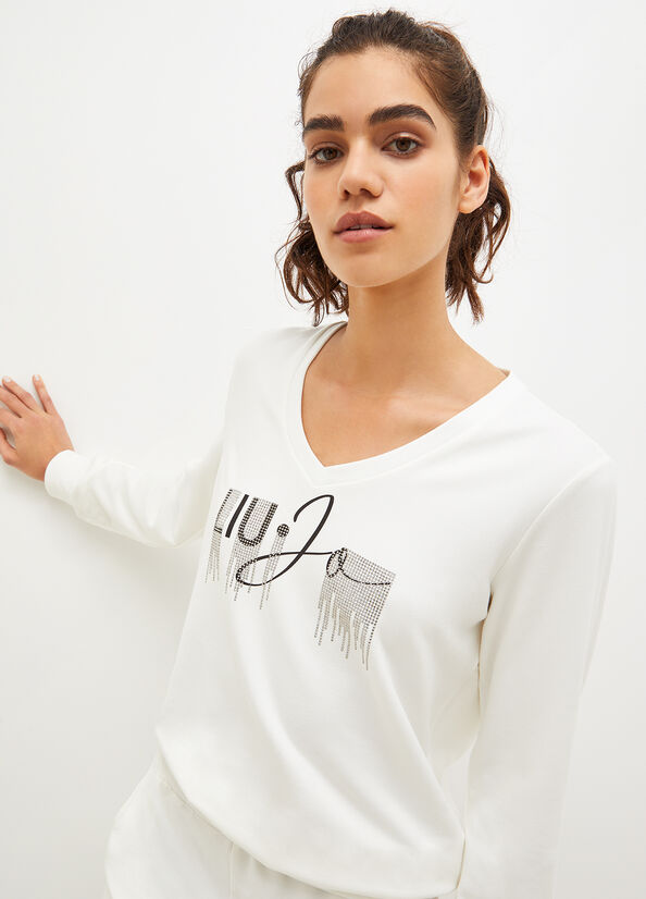 Liu Jo Eco-Friendly With Logo And Gemstones Sweatshirts Dames Wit | DLX-321857