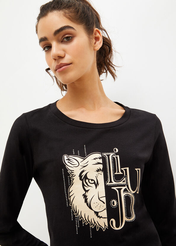 Liu Jo Eco-Friendly With Print And Gemstones T-shirts Dames Zwart | ONH-710836