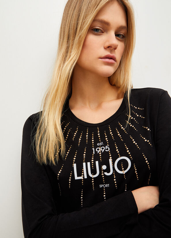 Liu Jo Eco-Friendly With Studs And Logo T-shirts Dames Zwart | ETQ-312968