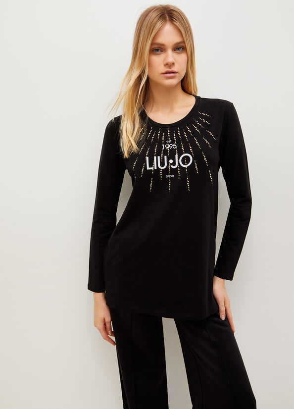 Liu Jo Eco-Friendly With Studs And Logo T-shirts Dames Zwart | ETQ-312968