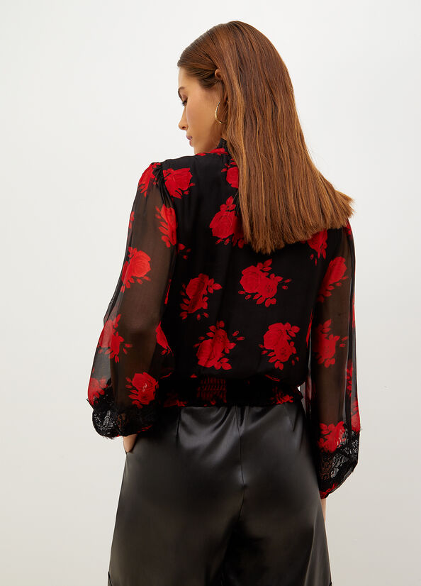 Liu Jo Floral Chiffon Blouse Overhemd Dames Zwart Rood | RJN-059468