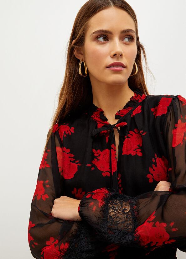 Liu Jo Floral Chiffon Blouse Overhemd Dames Zwart Rood | RJN-059468