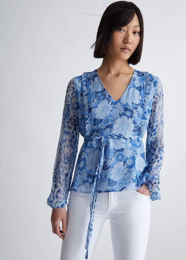 Liu Jo Floral Crepon Blouse Overhemd Dames Donkerblauw | QFA-514609