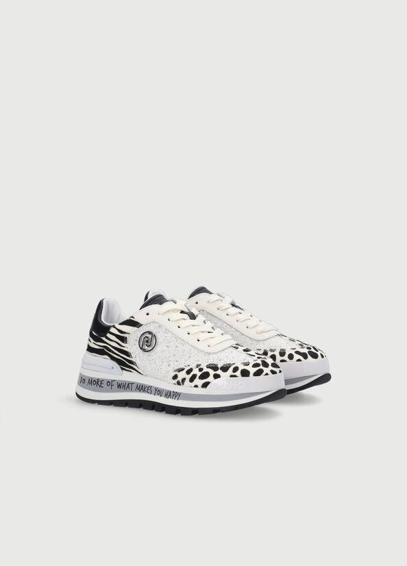 Liu Jo Glitter With Animal-Print Sneakers Dames Wit Zwart | QKE-537068