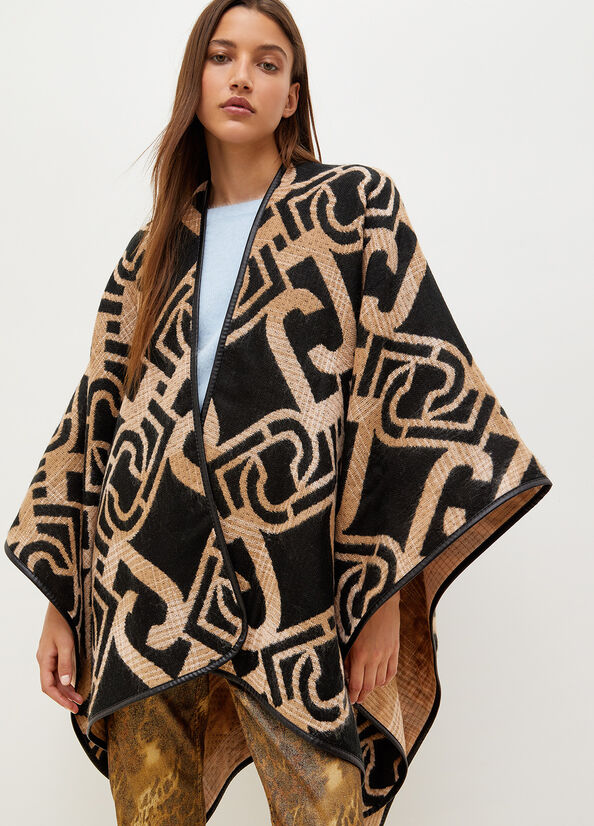 Liu Jo Jacquard Poncho With Logo Jassen Dames Zwart | UZJ-176240