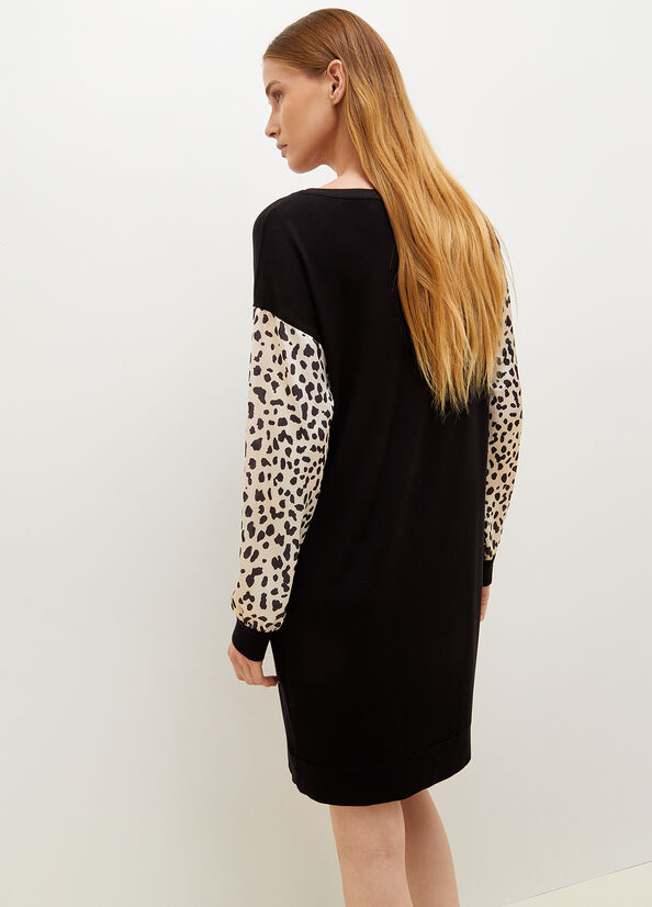 Liu Jo Jersey With Animal Print And Logo Jurken Dames Zwart | HDJ-627481