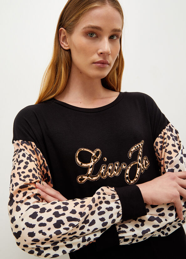 Liu Jo Jersey With Animal Print And Logo Jurken Dames Zwart | HDJ-627481