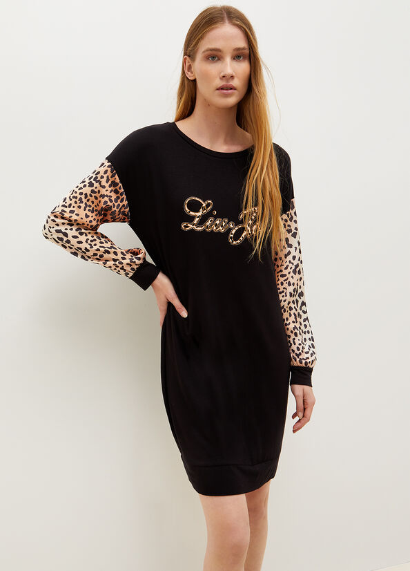 Liu Jo Jersey With Animal Print And Logo Jurken Dames Zwart | HDJ-627481