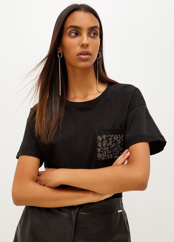 Liu Jo Katoenen With Rhinestones T-shirts Dames Zwart | NEP-921347