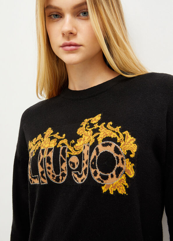 Liu Jo Knit With Logo Jurken Dames Zwart Geel | YSL-651378