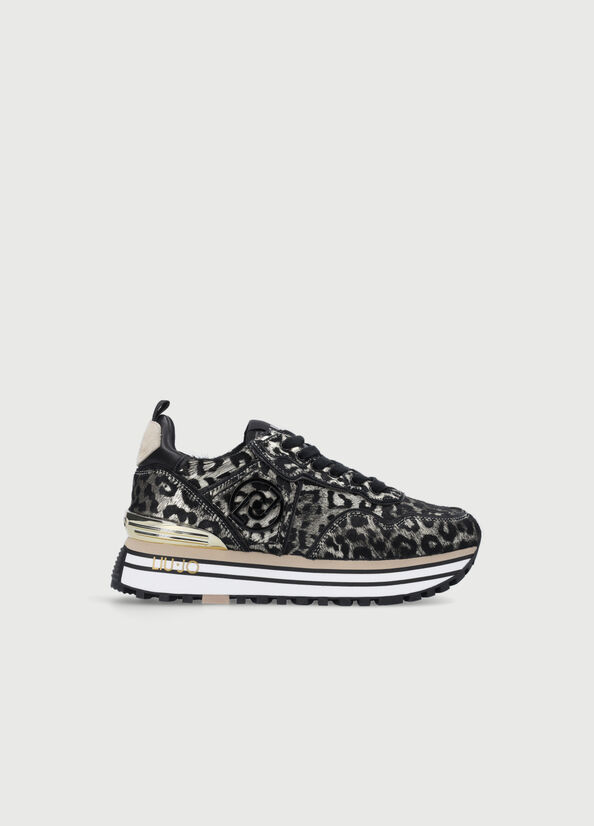 Liu Jo Laminated Animal-Print Platform Sneakers Dames Zwart Goud | HOT-684037