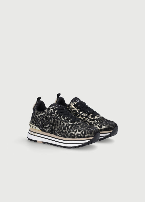 Liu Jo Laminated Animal-Print Platform Sneakers Dames Zwart Goud | HOT-684037