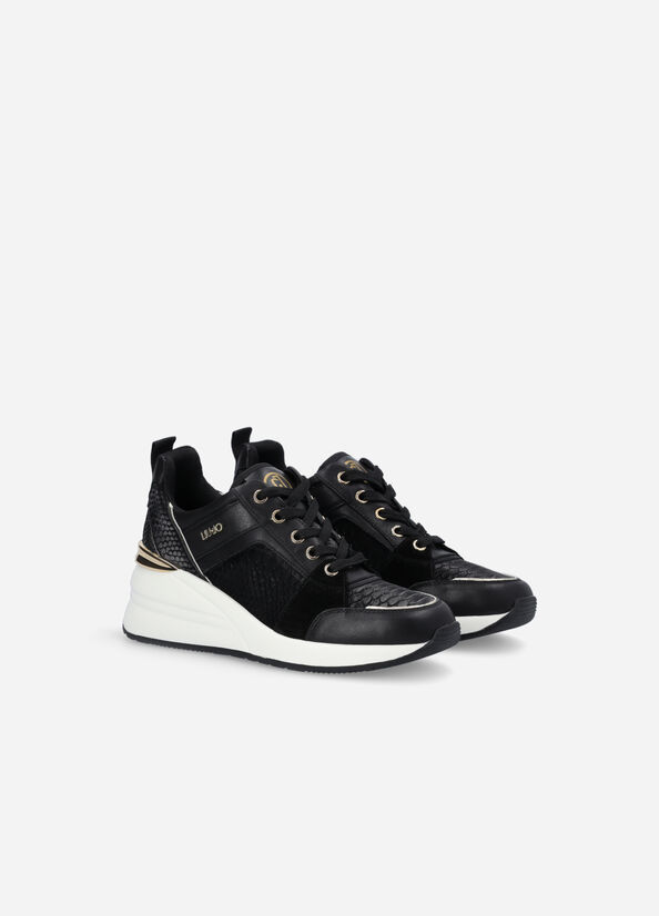 Liu Jo Leren With Wedge Sneakers Dames Zwart | PTI-274931