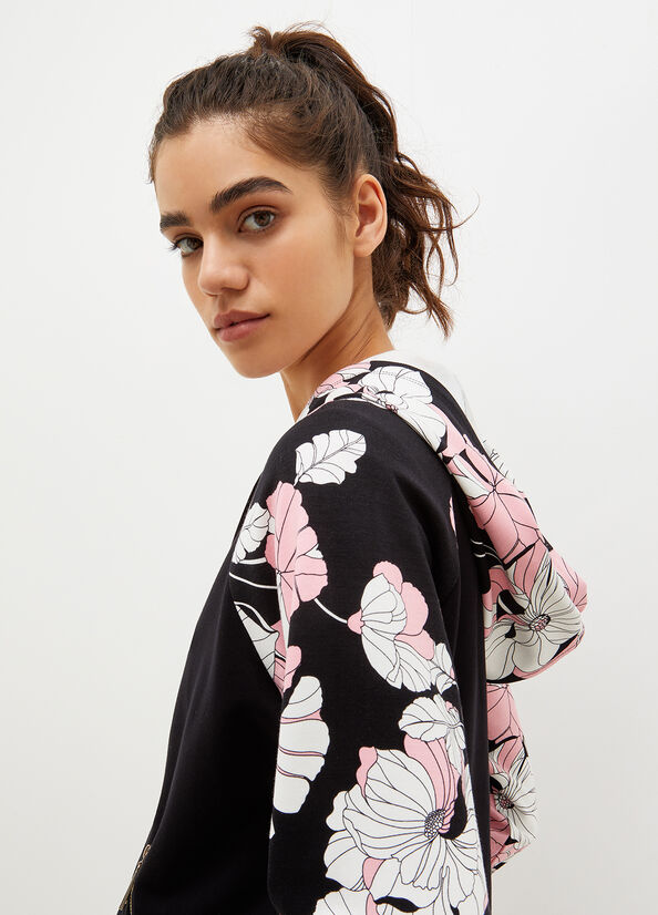 Liu Jo Met Capuchon With Floral Print Sweatshirts Dames Zwart | BDH-154279