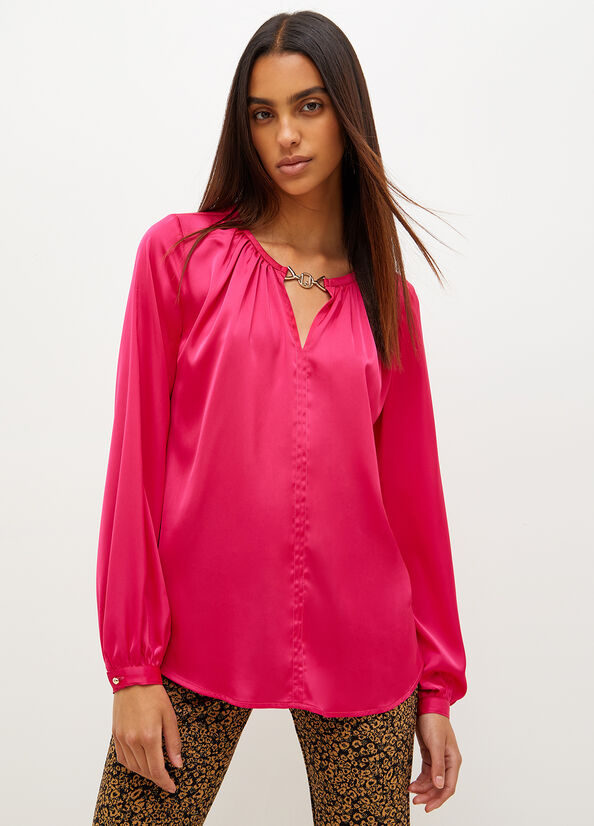 Liu Jo Satin Blouse With Jewel Logo Overhemd Dames Fuchsie | QHO-908361