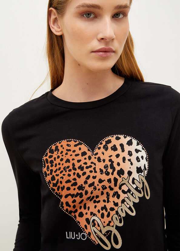 Liu Jo With Animal-Print Heart T-shirts Dames Zwart | GXB-476932