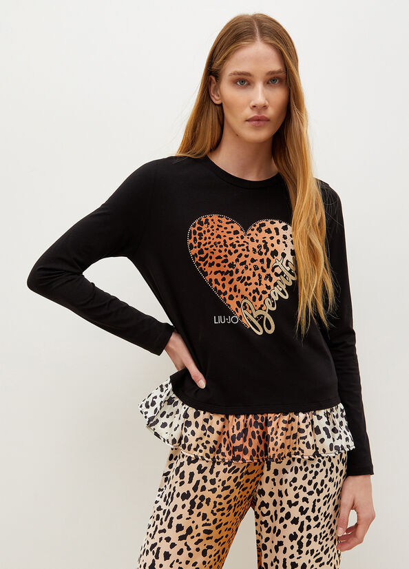 Liu Jo With Animal-Print Heart T-shirts Dames Zwart | GXB-476932