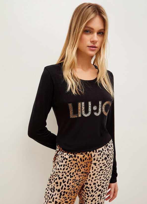 Liu Jo With Animal-Print Logo T-shirts Dames Zwart | LIR-701985