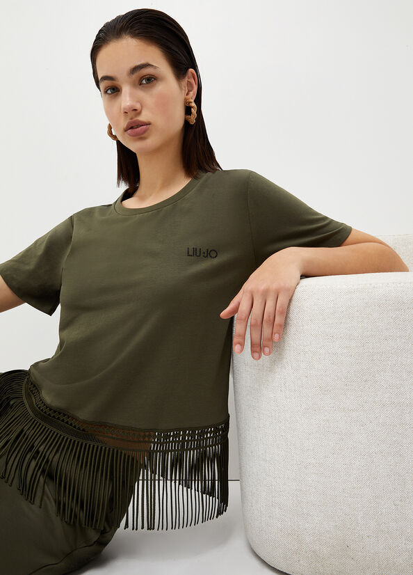 Liu Jo With Fringes T-shirts Dames Olijfgroen | WEK-419280