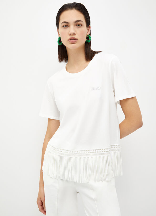 Liu Jo With Fringes T-shirts Dames Wit | XPI-795321