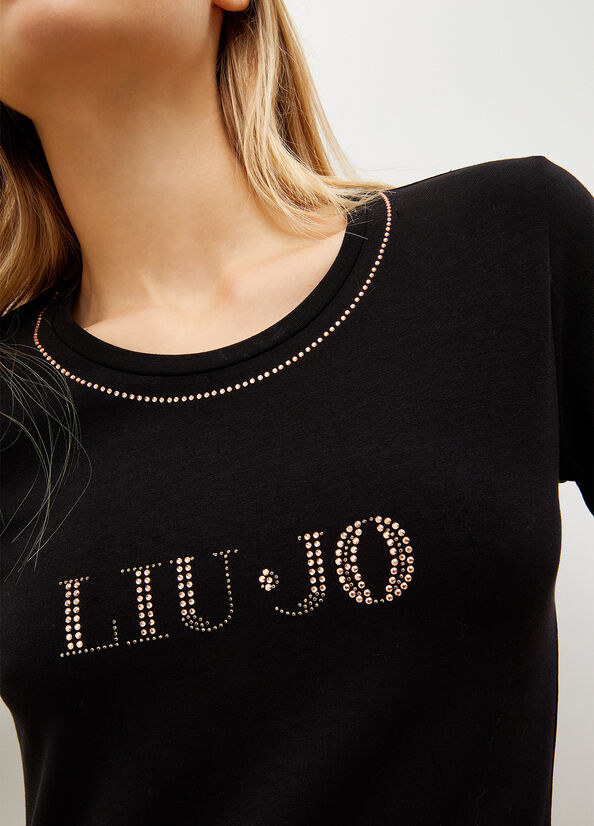 Liu Jo With Logo And Gemstones T-shirts Dames Zwart | AUX-628904