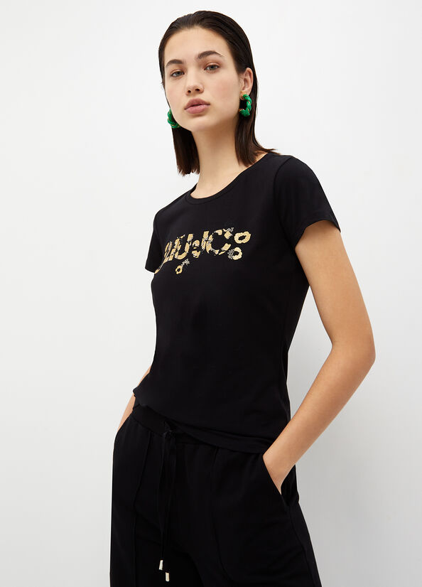 Liu Jo With Logo And Gemstones T-shirts Dames Zwart | LDY-504829