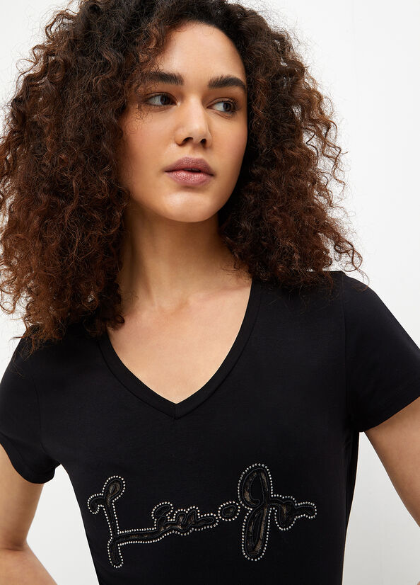 Liu Jo With Logo And Gemstones T-shirts Dames Zwart | RGT-176095