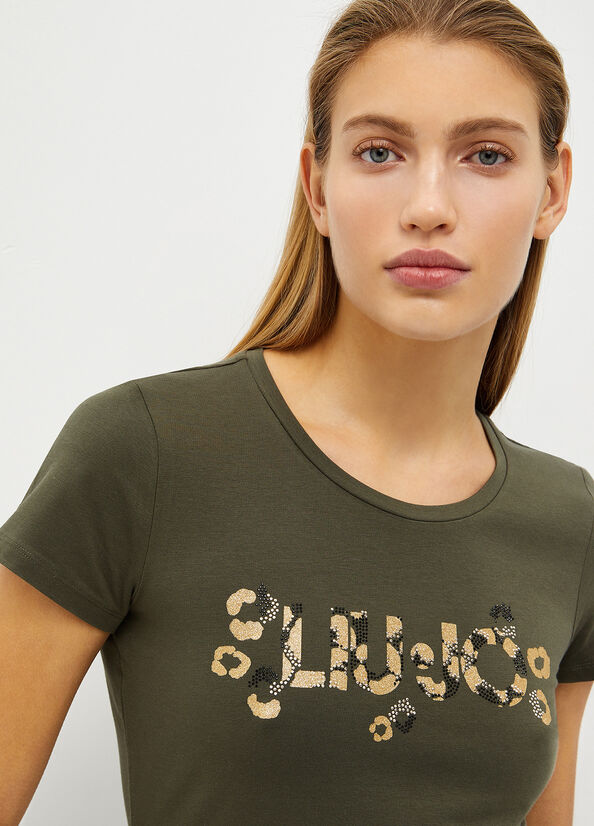 Liu Jo With Logo And Gemstones T-shirts Dames Olijfgroen | RJA-809145