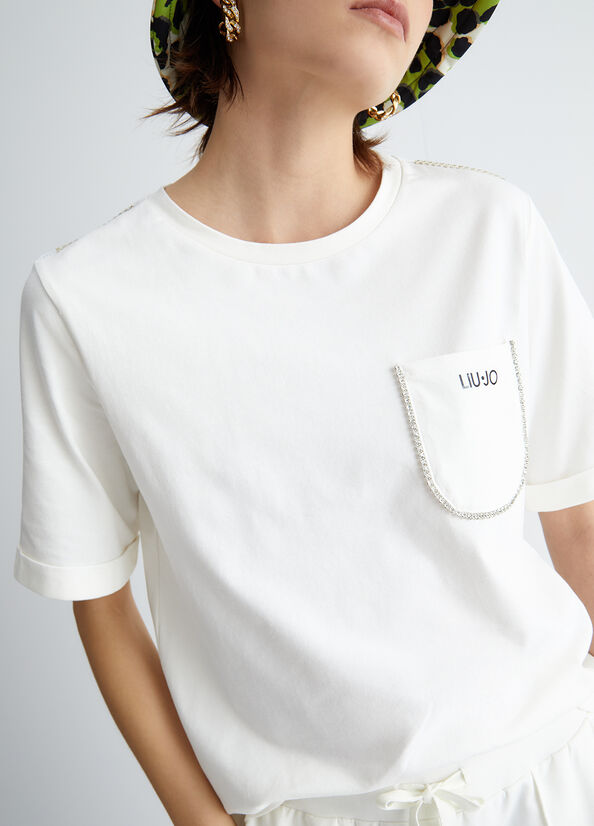 Liu Jo With Pocket And Rhinestones T-shirts Dames Wit | PNV-748529