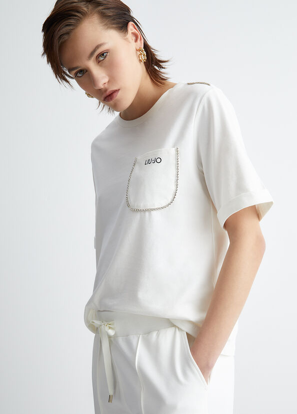 Liu Jo With Pocket And Rhinestones T-shirts Dames Wit | PNV-748529