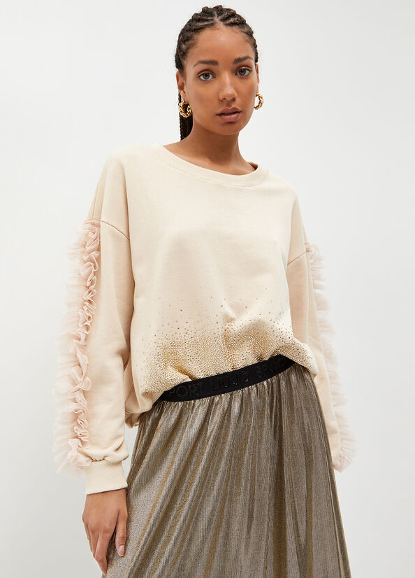 Liu Jo With Rhinestones And Tulle Sweatshirts Dames Beige | IOK-841952