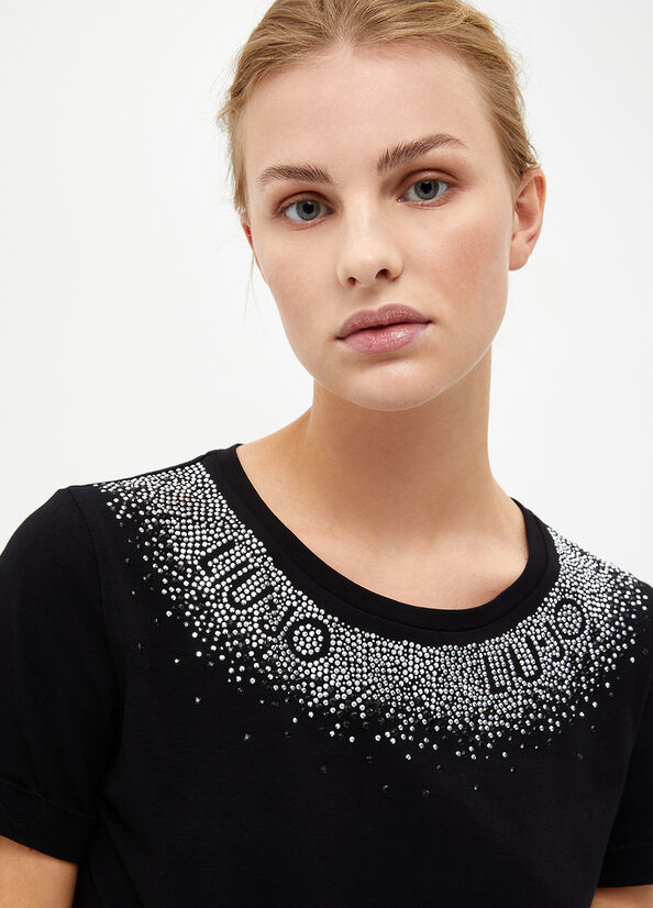 Liu Jo With Rhinestones T-shirts Dames Zwart | HEB-839701