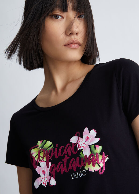 Liu Jo With Tropical Print T-shirts Dames Zwart | DFZ-435290