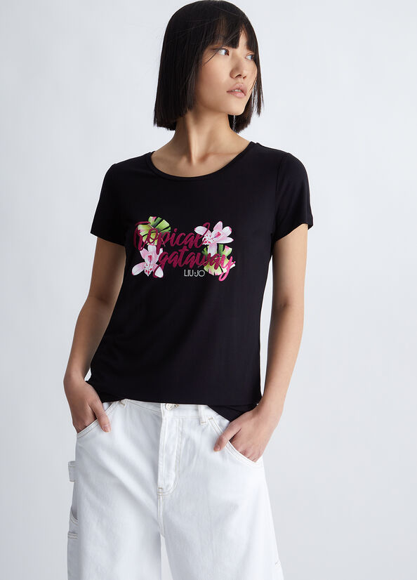 Liu Jo With Tropical Print T-shirts Dames Zwart | DFZ-435290