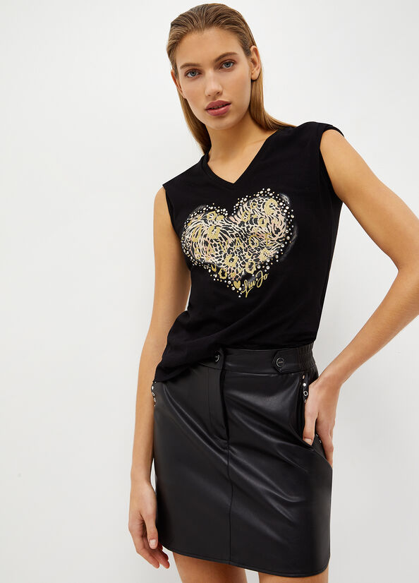 Liu Jo With Wild Heart Print Topjes Dames Zwart | XDI-954863