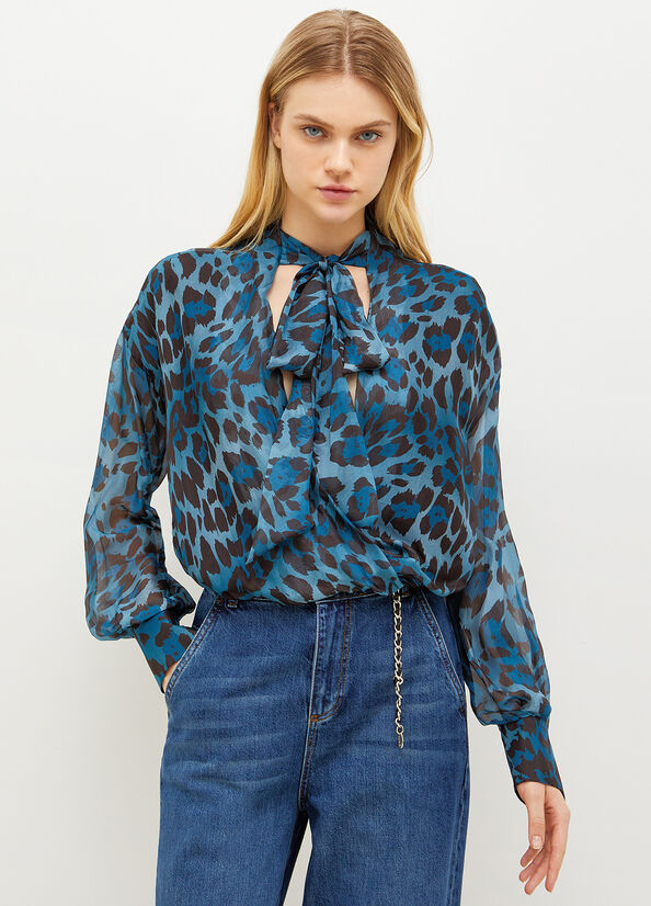 Liu Jo Animal-Print Chiffon Blouse Overhemd Dames Blauw | GOL-905178