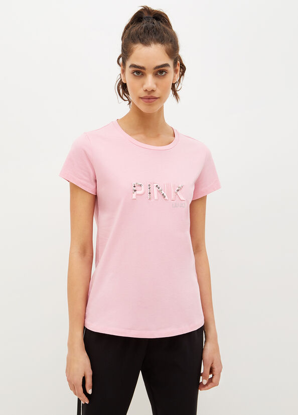 Liu Jo Eco-Friendly With Gemstones T-shirts Dames Roze | KBI-267591