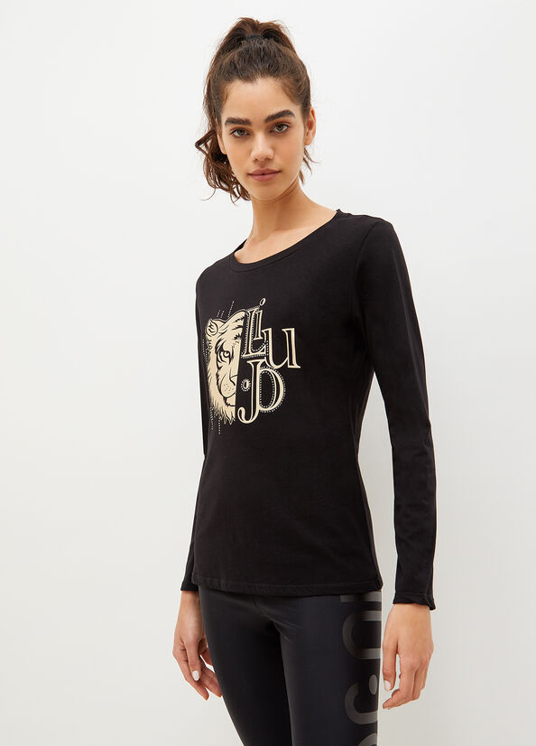 Liu Jo Eco-Friendly With Print And Gemstones T-shirts Dames Zwart | ONH-710836