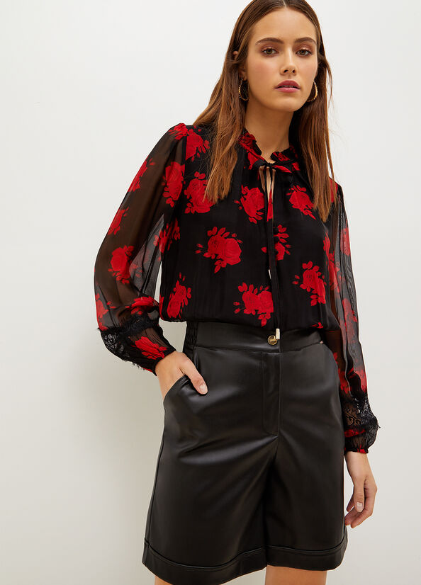 Liu Jo Floral Chiffon Blouse Overhemd Dames Zwart Rood | RJN-059468