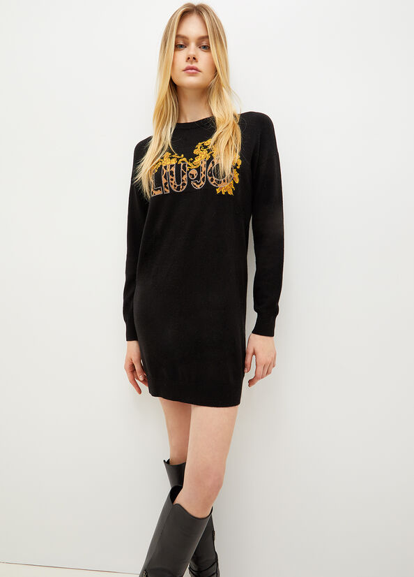 Liu Jo Knit With Logo Jurken Dames Zwart Geel | YSL-651378