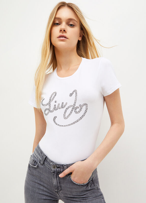 Liu Jo Stretch Katoenen With Logo T-shirts Dames Wit Zwart | TPC-231970