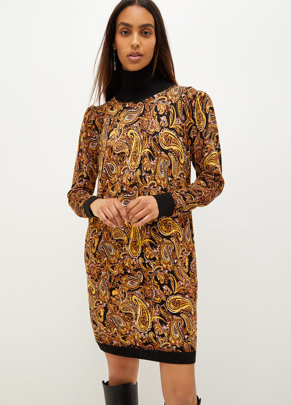 Liu Jo Turtleneck With Paisley Print Jurken Dames Zwart Geel | EOX-502641