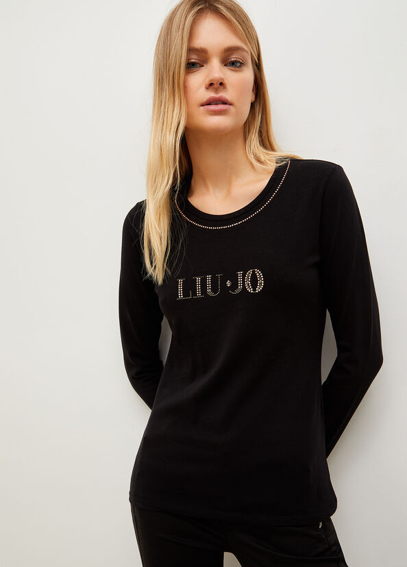 Liu Jo With Logo And Gemstones T-shirts Dames Zwart | AUX-628904