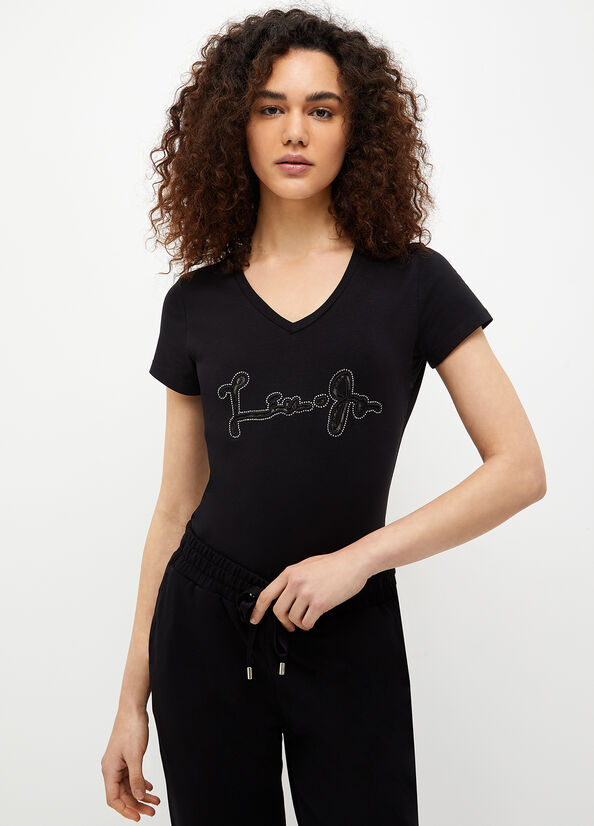 Liu Jo With Logo And Gemstones T-shirts Dames Zwart | RGT-176095