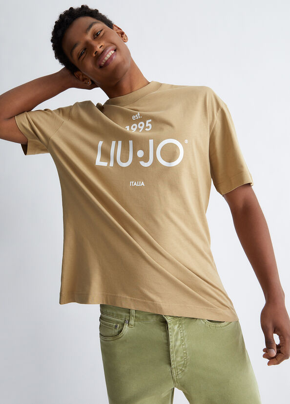 Liu Jo With Logo T-shirts Heren Beige | HUO-689725