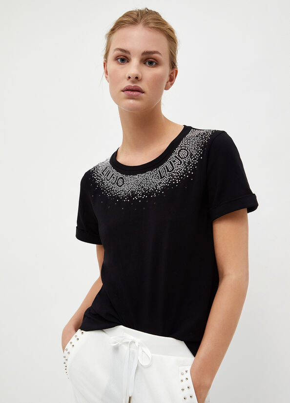 Liu Jo With Rhinestones T-shirts Dames Zwart | HEB-839701